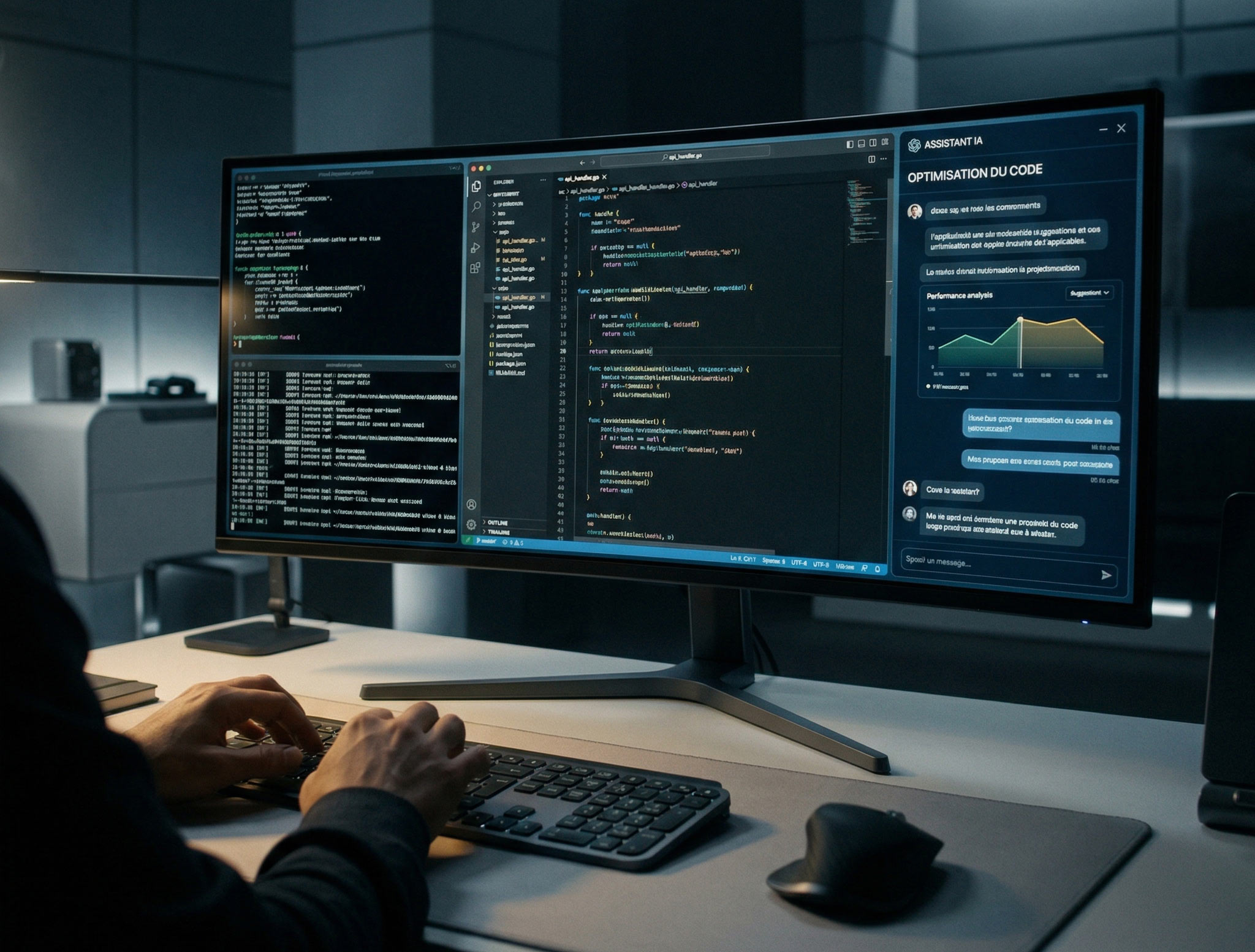 Espace de travail développeur avec terminal, éditeur de code et panneau IA assistant