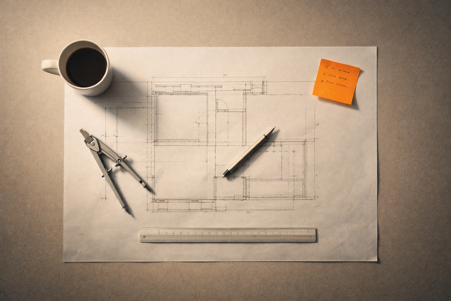 Blueprint minimaliste avec règle et compas — métaphore du cadrage produit