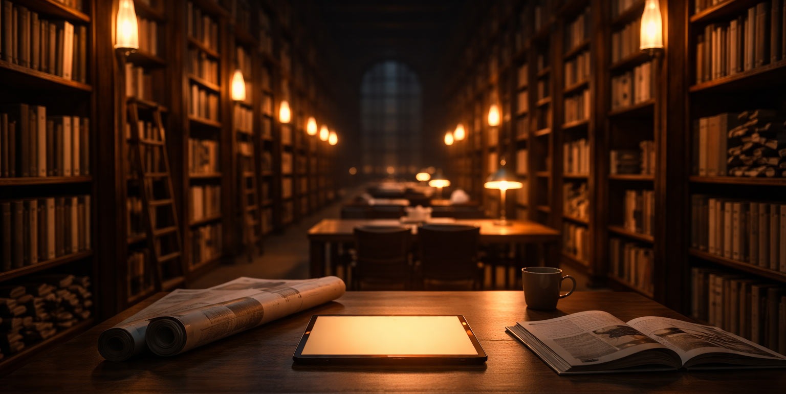 Bibliothèque architecturale à grande échelle avec lumière ambrée et tablette lumineuse au premier plan