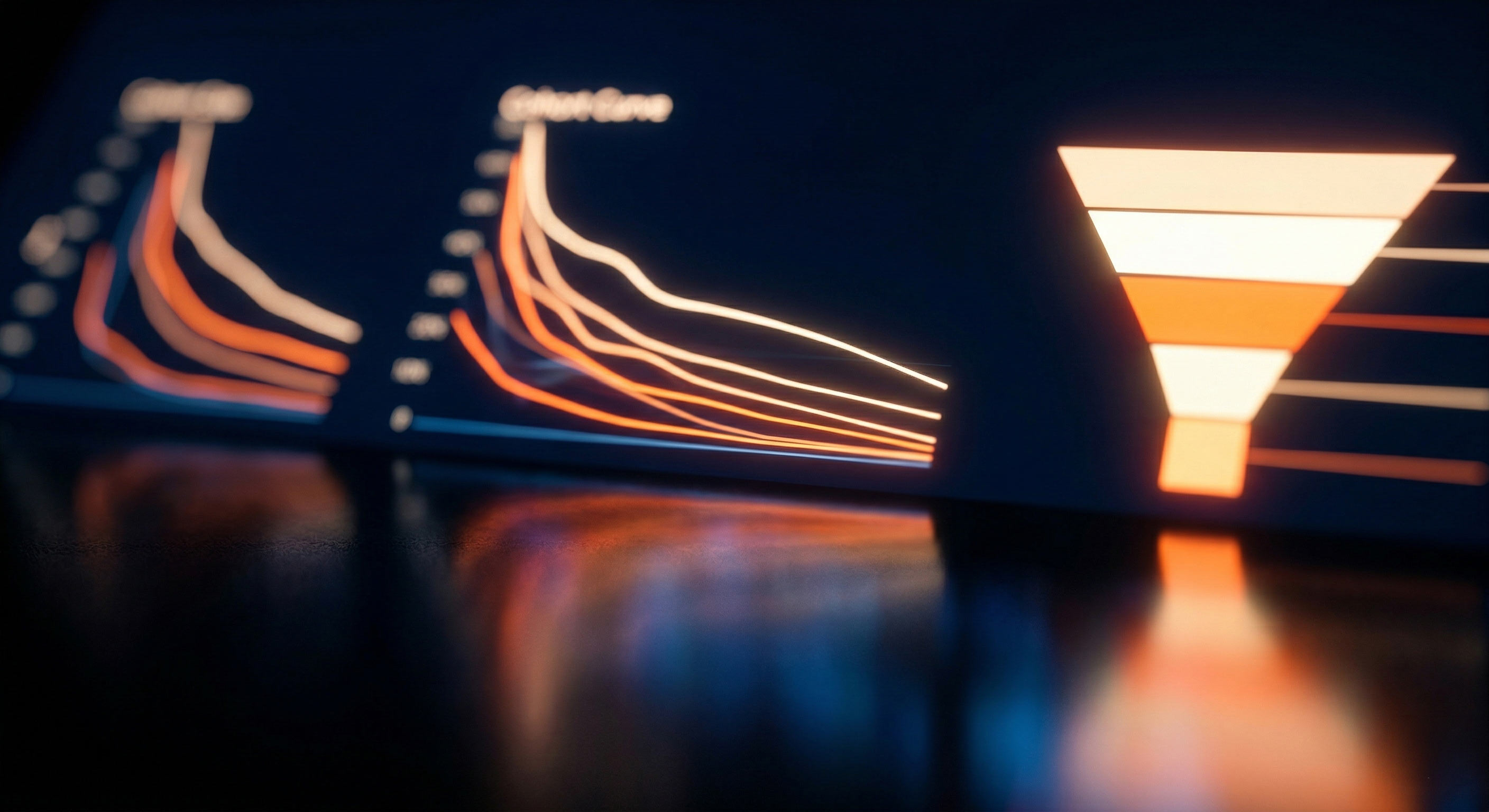 Visualisation de données — courbes de cohortes et funnels sur fond sombre avec reflets orange